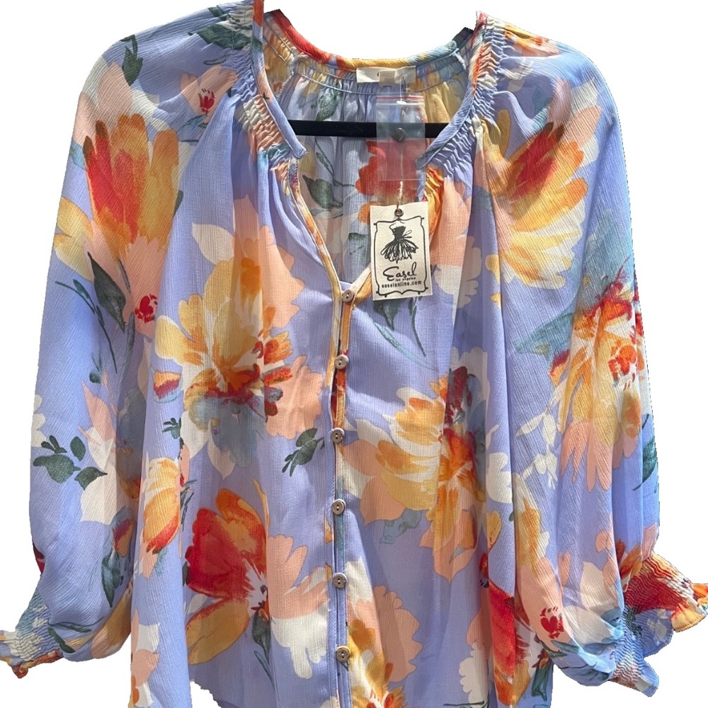 easel Floral Button-Front Blouse in Lavender, Yellow, Orange - Picture 7 of 11